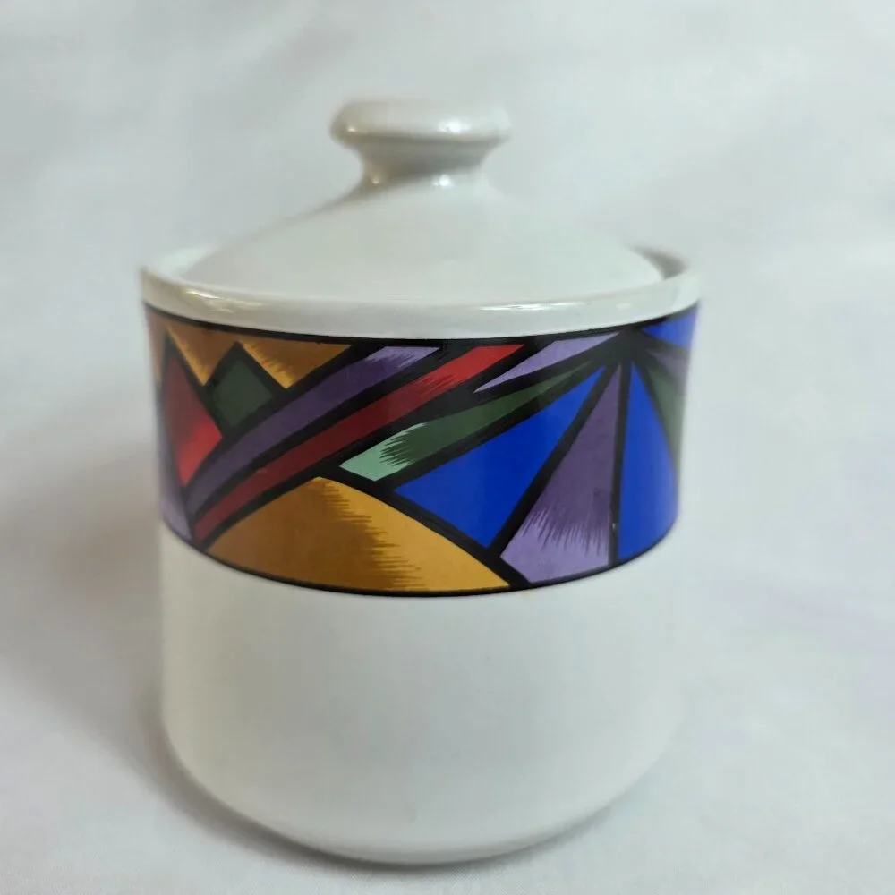 Sakura Sunset Mountain Sugar Bowl with Lid White with Multicolor Border